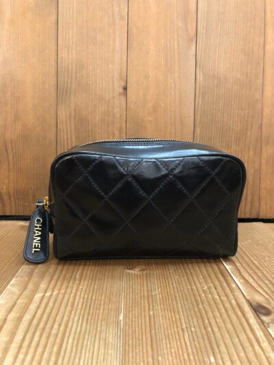 Authentic Vintage CHANEL Coated Canvas Vanity Pouch Clutch Bag Black - Image 2