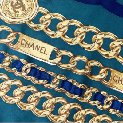 Authentic Vintage CHANEL Gold Chain Printed Silk Scarf Emerald - Image 3