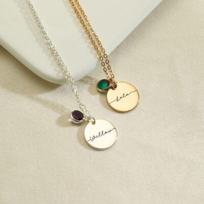 Engraved Name Necklace with Birthstone, Personalized Jewelry Gift for Bridesmaid, Silver Disc Letter Pendant Necklace, Necklace for Mom - Image 2