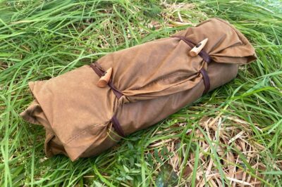 Bushcraft Spain Oilskin & Wool Nap-Sack, Pillow, Storage bag, Seat Pad, Working Surface and more! 100% leather straps and Olive Wood toggles