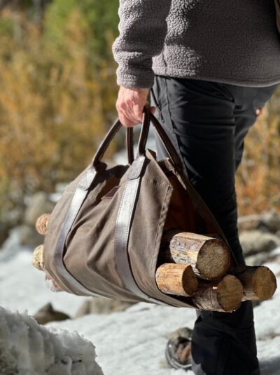 Oilskin and Leather LOG CARRIER - A Heavy Duty Waxed Canvas Carrier for Firewood - perfect for Bushcraft and Outdoor gifts - Made in Spain