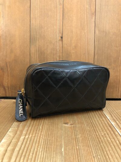 Authentic Vintage CHANEL Coated Canvas Vanity Pouch Clutch Bag Black