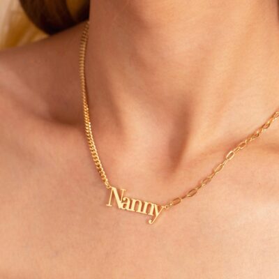 Personalized Gold Name Necklace, Custom Name Necklace, Half Curb Chain Half Link Chain Name Jewelry, Bridesmaid Gift, Birthday Gift for Her