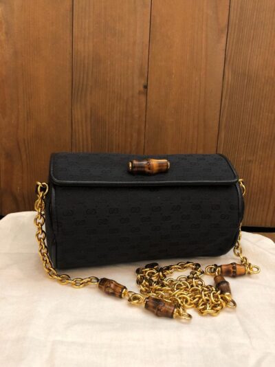 Authentic Vintage GUCCI Micro GG Jaccquard Bamboo Chain Bag Black Small