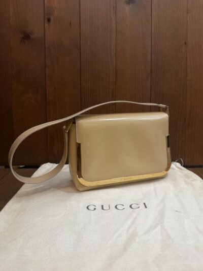 Authentic Vintage GUCCI Small Leather Shoulder Bag Beige Gold